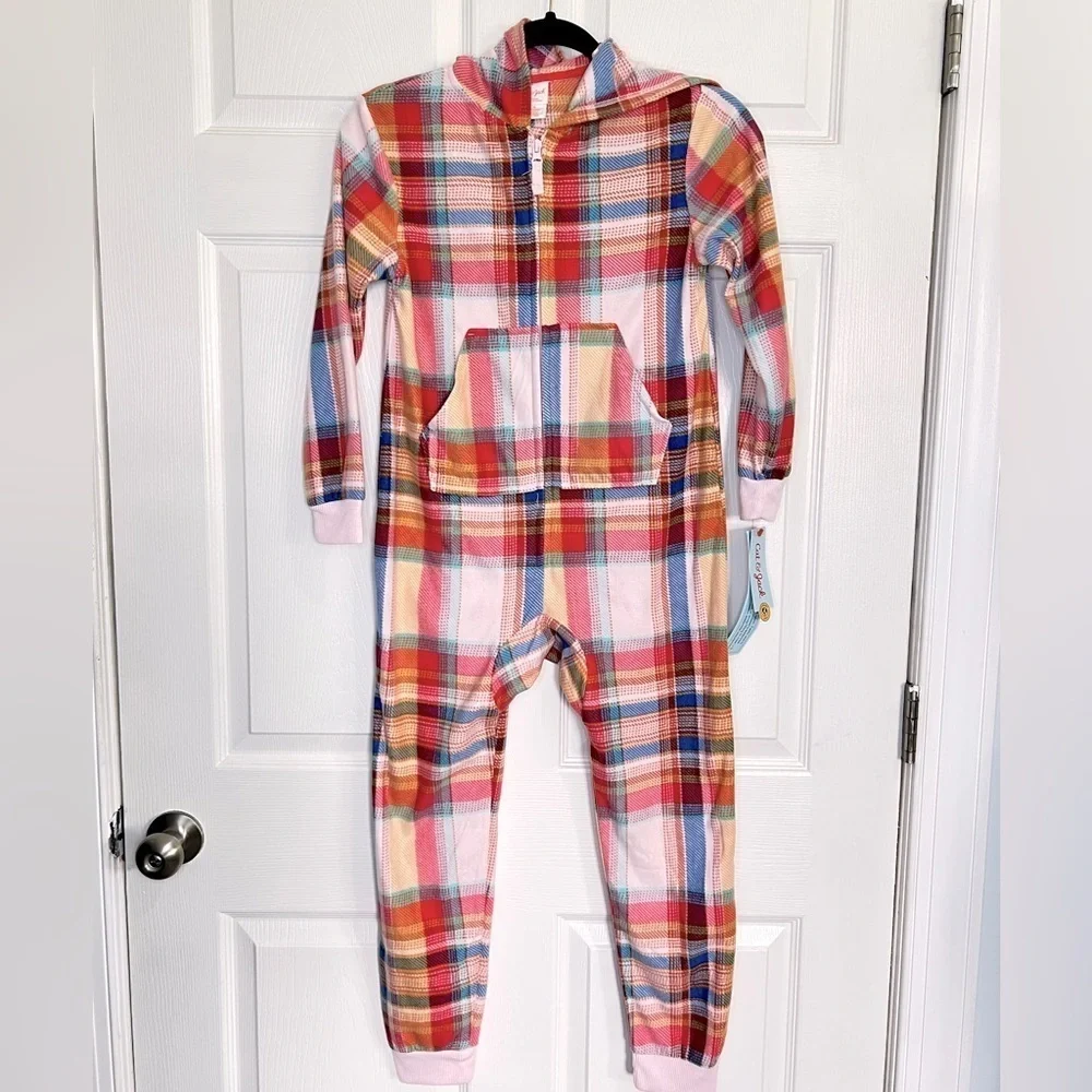 Cat & Jack Girls Fleece Union Suit One Piece Hooded Pajama - Plaid - Size M8 NWT